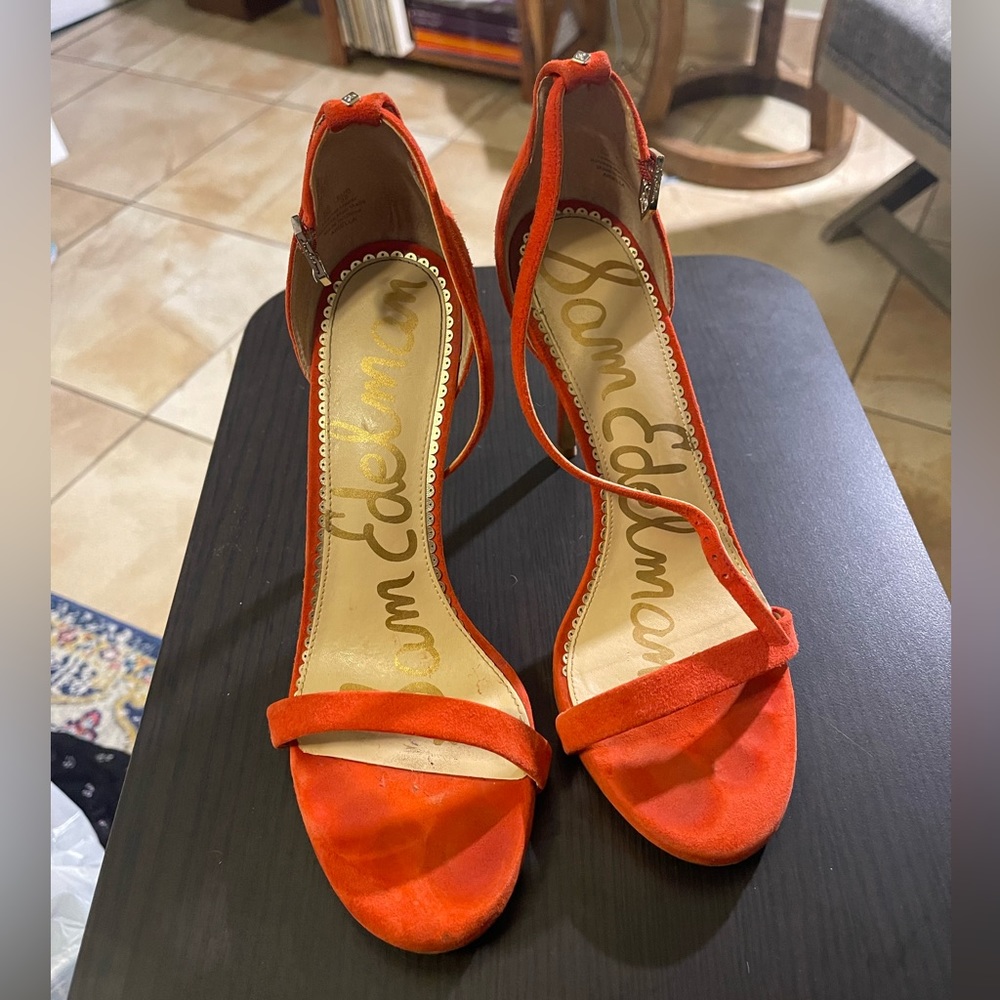 Sam Edelman Heels Orange Suede Leather Ankle Strap Stiletto Sandals SZ 8